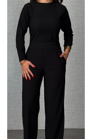 S-pazarım Kadın Uzun Kol Bisiklet Yaka Bürümcük Bluz Ve Pantolon Ikili Takım Siyah