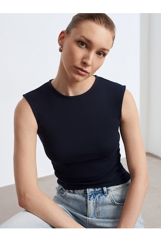 Dilvin 21054 Büzgülü Basic T-shirt-Koyu Lacivert