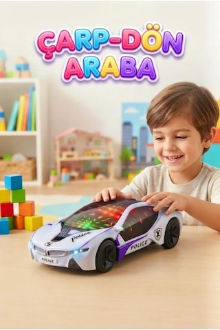 Çarp Dön Araba 1:18 Ölçekli 25 Cm Müzikli Ve 3d Işıklı Pilli Eğlenceli Oyuncak Polis Arabası Beyaz