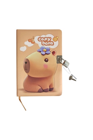 Capybara Hatıra Defteri Günlük Kilitli Defter 80 Yaprak - Süslü Kahverengi