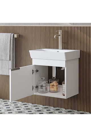 Likya Ayaksız Tek Kapaklı Lavabolu 49 Cm Banyo Dolabı Alt, Mini Lavabolu Alt Banyo Dolabı Beyaz