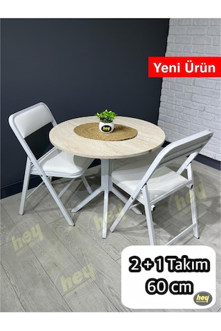 Mercan 2 Kişilik Yuvarlak Mutfak Yemek Masası Takımı 2+1 Traverten Beyaz Deri 60 Cm Traverten Beyaz 2'li
