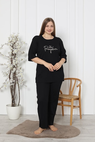 Fames Pijama Fitilli Kaşkorse Pamuklu Ispanyol Paça Yeni Sezon Büyük Beden Ev Giyim Siyah