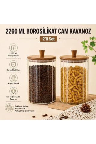 2'li 2260 Ml Borosilikat Cam Kavanoz Seti, Ahşap Kapaklı Büyük Boy Mutfak Saklama Kabı, Kahve, Bakliyat, Makarna, K Çok Renkli
