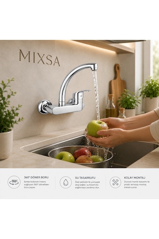 Lüx Duvardan Çift Su Girişli Mutfak-banyo Lavabo Bataryası Çeşmesi Musluğu Gri