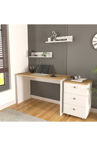 Olven Raflı Çalışma Masası Ve Keson 3 Çekmeceli , Beyaz - Meşe