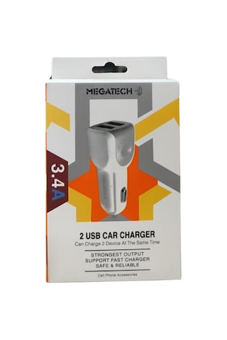 Megatech T05 Araç Çakmaklık Şarj Cihazı, 2 Usb, 3.4a, Beyaz