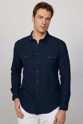 Tudors Slim Fit Uzun Kol Çift Cep Pamuk Keten Spor Yaka Lacivert Erkek Gömlek-29634-lacivert Lacivert