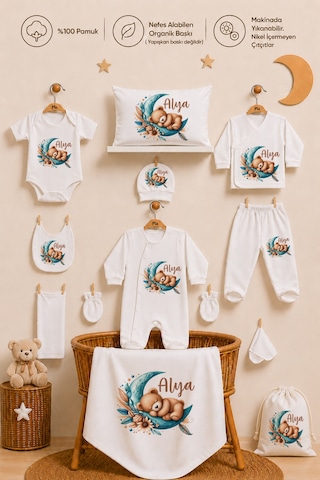 Pia Baby Kız Bebek Hastane Çıkışı 12 Parça %100 Pamuk İsme Özel Organik Baskılı Kese Hediyeli 101211k0x Ekru