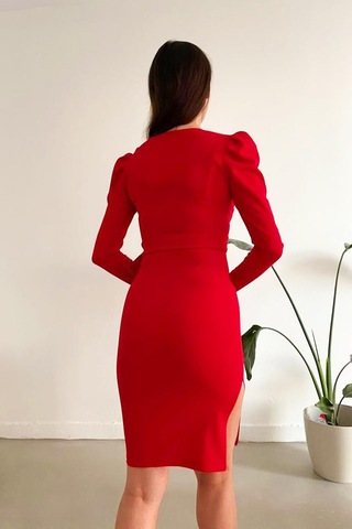 Emirela Uzun Kollu Krep Kumaş Elbise-kırmızı
