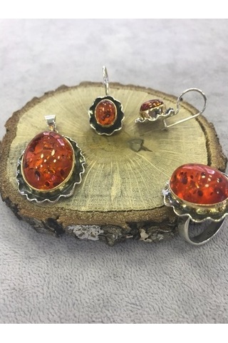 Kehribar Taşlı Gümüş Set 925 Ayar (372671266)