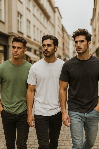 Erkek 3lü Paket Antrasit Melanj-beyaz-yeşil Pamuklu Oversize Tişört Bisiklet Yaka Kısa Kollu T-shirt Yeşil