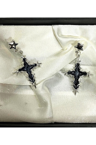 Dükkan Design Black Star Cross Yıldızlı Haç Küpe Siyah - Gümüş