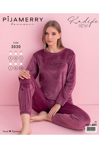 Pijamerry Kadın Kışlık Bisiklet Yaka Kadife Pijama Takımı 3030g - 1 Adet Gül Kurusu
