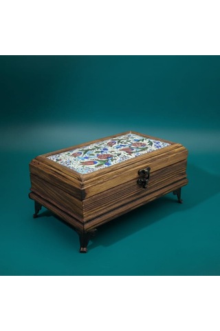 Mertek Ahşap Mücevher Kutusu - %100 El Yapımı - Çam Ağacı Ve Seramik - 18,5x11,5x9 Cm Kahverengi