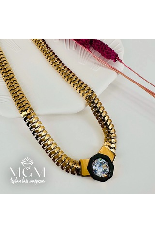 Gold Zirkon Taşlı Çelik Çelik Kolye 40+5 Cm - Kl0194 Çok Renkli