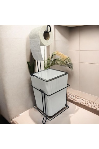Suntel Banyo Mutfak Çöp Kovası Metal Standlı Tuvalet Kağıtlık Seti Beyaz