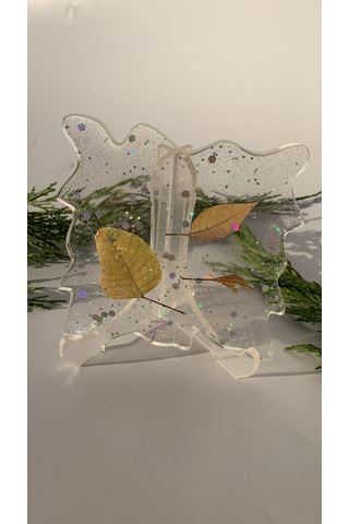 Şeffaf Epoksi İçinde Glitter Ve Kurutulmuş Yapraklı Dalgalı Kare Şeffaf