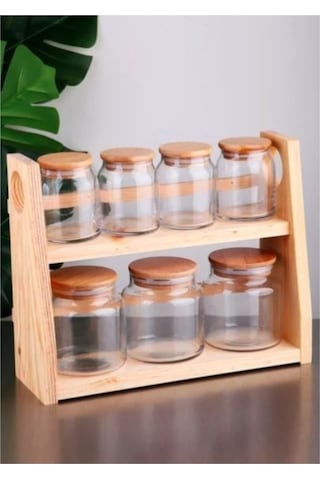 Ahşap Standlı Bambu Kapaklı 7'li Cam Baharat Takımı Ahşap - Şeffaf