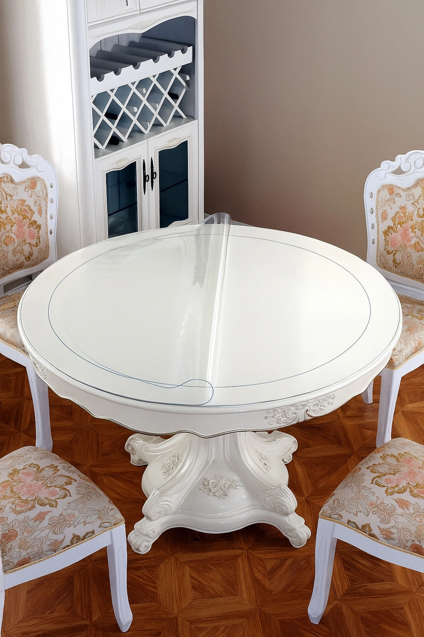 Rona Home Yuvarlak Şeffaf Kalın Masa Örtüsü 1,4 Mm Pvc Kaymaz Silinebilir Örtü Beyaz