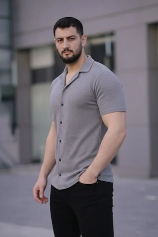 Vexor Erkek Waffle Kumaş Kısa Kollu Düğmeli Açık Yaka Regular Fit Gömlek - Gri