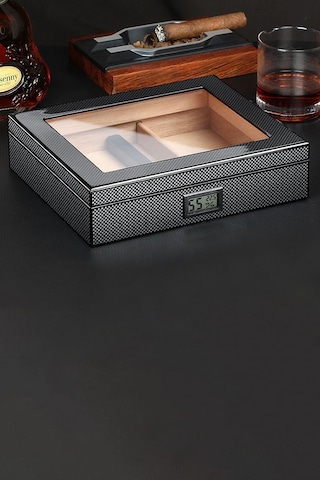 Falconetti Karbon Fiber Siyah Camlı Kısa Humidor Puro Kutusu rc38