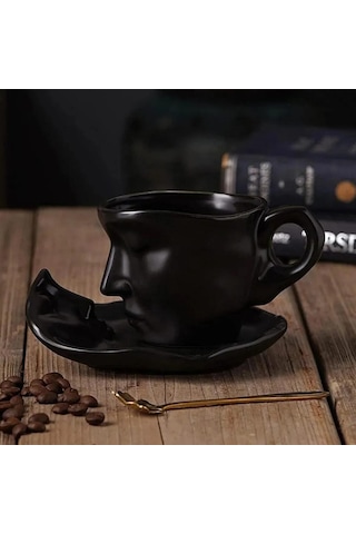 Seramik Yüz Desenli Kupa Bardak Siyah