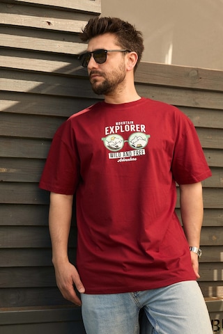 Velvoria Unisex Oversize Mountain Explorer Baskılı Bordo Renk T-shirt