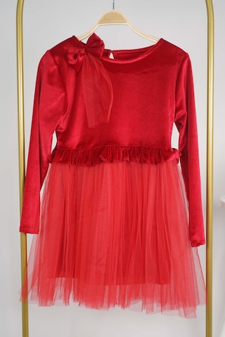 Kız Çocuk Yılbaşı Temalı Eteği Tül Astarlı Tokalı Kadife Uzun Kol Elbise Kırmızı
