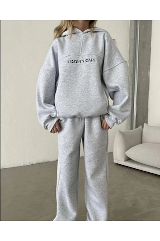 Freedom Store Kadın Nakış İşlemeli 3 İplik Pamuklu Sweat Alt-üst Takım- Gri