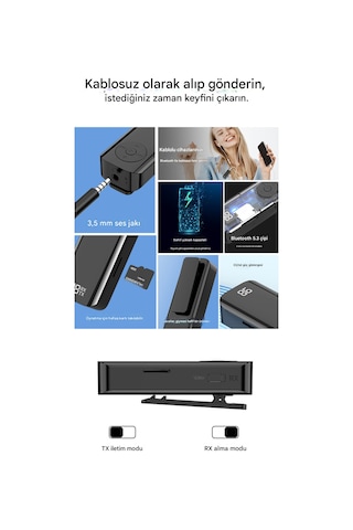 Bluetooth Adaptör 2in1 Alıcı Verici Bluetooth 5.3 Receiver Aux Wireless Araç Hoparlör Bluetooth Kiti