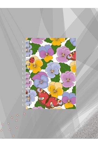 Renkli Menekşe Çiçekli Defter 60 Yaprak / 120 Sayfa Çizgisiz Tel Spiralli Çok Renkli