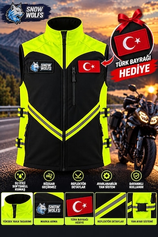 Snow Wolfs Softshell Kumaş, Suya Dayanıklı Motorcu Yeleği, Reflektörlü, Yanlarından Ayarlanabilir Siyah