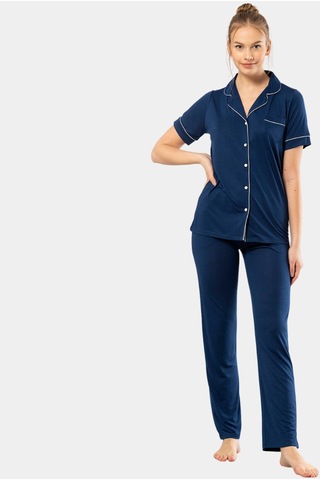 Türen Düz Kısa Kollu Gömlek Yaka Pijama Takım 3368/lacivert 001