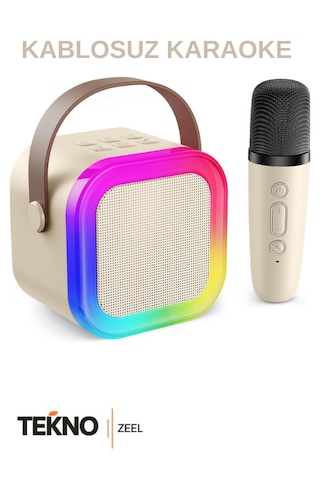 Teknozeel Mikrofonlu Karaoke 5 Ses Efektli Rgb Led Işıklı Bluetooth Kablosuz Hoparlör Ses Bombası Bej Renk
