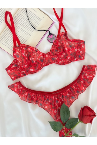 Arinda Butterfly Kırmızı Tül Çiçek Desenli Balenli Kapsız Fırfırlı Bralette Sütyen Tanga İç Çamaşırı Takımı Alt Üst 2 Parça