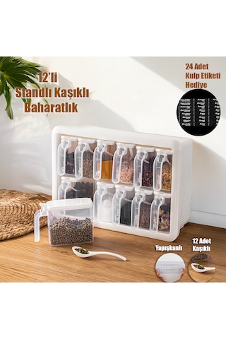 Porsima Simple 1168 Random 12'li Standlı Kendinden Yapışkanlı Kaşıklı Kapaklı Baharatlık Saklama Kabı Seti - Beyaz Beyaz
