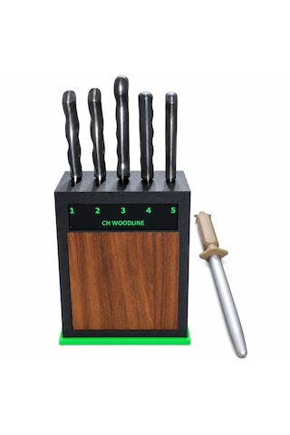 Ch Woodline 4116 Alman Çeliği 5 Li Şef Bıçak Seti, Ceviz Ön Yüzlü Stand Ve 22 Cm Masat çok renkli