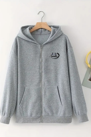 Unisex Gri Kapüşonlu Fermuarlı Hırka Mini Smile Baskılı, Şardonlu Kalın Kumaş Gri