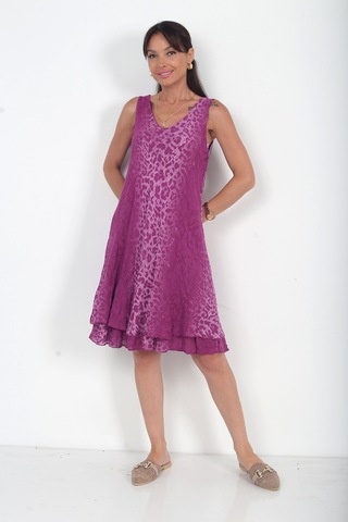 By Saygı Kadın İtalyan Cotton Leopar Desenli Astarlı Sıfır Kol Midi Elbise Mürdüm