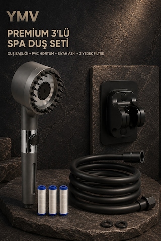 Ymv Premium 3 Lü Spa Duş Seti Masajlı Filtreli Duş Başlığı + 150 Cm Siyah Pvc Hortum + Siyah Askı + 3 Yedek Filtre