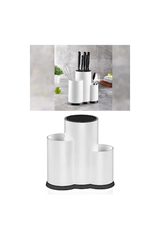Flosoft Tezgah Üstü Bıçaklık, 3 Bölmeli Kaşık Bıçak Çatal Standı Çok Amaçlı Mutfak Düzenleyici Beyaz