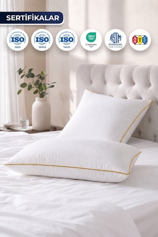 2 Adet Gold Detaylı Gold Rengi Biyeli 1100 Gram Lüks Otel Yastığı Beyaz