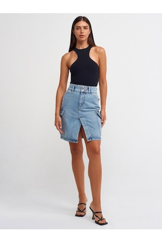 Dilvin 80548 Yanları Cepli Midi Denim Etek-Mavi