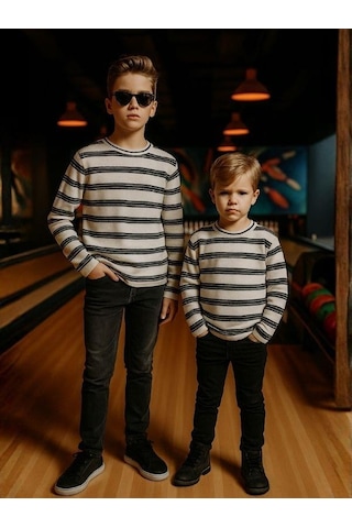 Zekids Erkek Çocuk Çizgili Uzun Kollu Triko T-shirt-16349 SIYAH