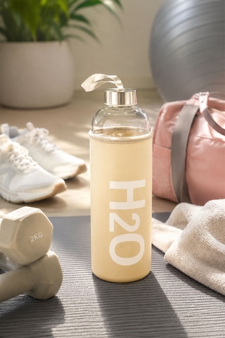 H2o Sağlıklı Cam Matara 1000 Ml Su Şişesi, Pastel Renk Kılıflı 1 Lt Sporcu Suluğu Bej