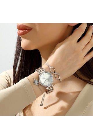 Forentina Bayan Gri Metal Kol Saati-nazar Boncuklu-sonsuzluk Sembollü Bileklik Hediye Saat Seti Ps3784 Gri