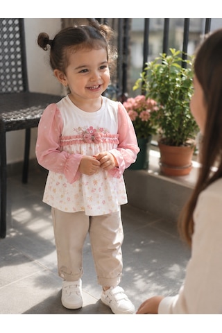 Babyhola Tül Kol Detaylı Kız Çocuk %100 Pamuk Mevsimlik Takım 13672 Somon