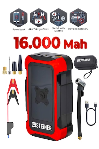 Steiner 16.000 Mah 4'ü 1 Arada 10 Bar Dijital Göstergeli Powerbank Led Fener Şarjlı Akü Takviye Cihazı Hava Kompresörü Kırmızı