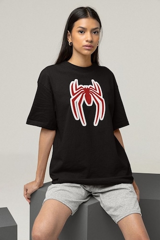 Oversize Film Kahramanı Spider-man Logo Baskılı Unisex Oversize T Siyah